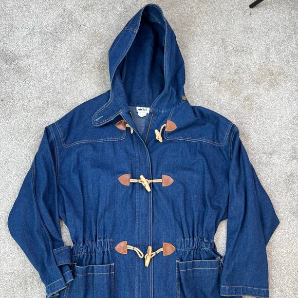 Vintage 80's Retro Leslie Fay Toggle Denim Hooded Chore Coat Barn Jacket (Sz M) - Picture 14 of 16